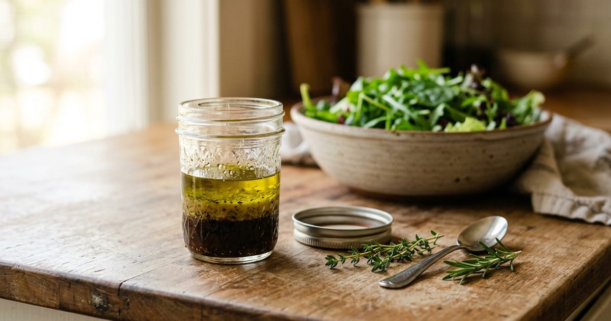 Tarro de cristal con aliño casero sobre una mesa de madera, con el aceite y el vinagre separados en capas, la tapa y unas hierbas al lado, y un bol de ensalada al fondo