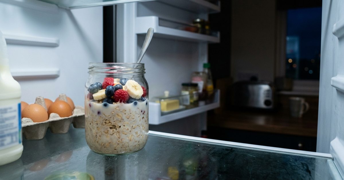 Tarro de cristal con avena en remojo y fruta troceada por encima, en el estante de una nevera abierta de noche
