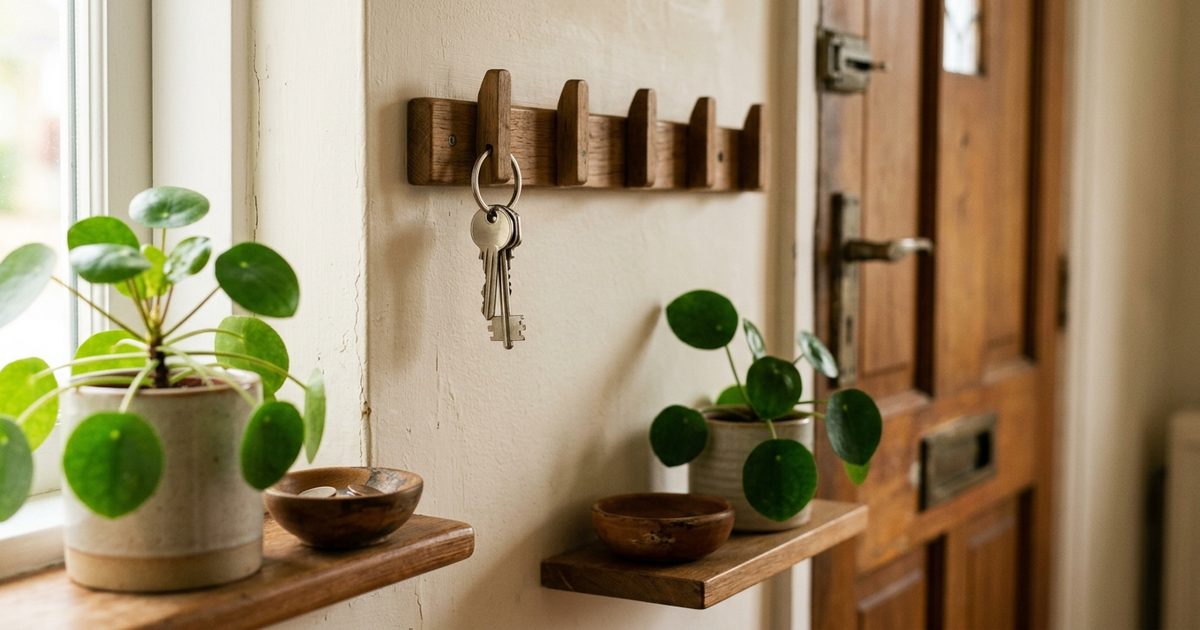 A set of keys hanging from the same hook on a wooden coat rack by the front door, the other hooks empty and two plants on shelves