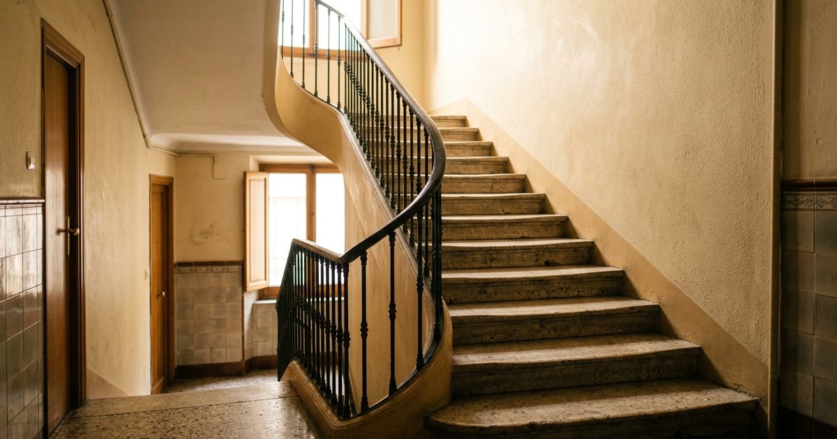 Escalera de un portal con peldaños de piedra, barandilla de hierro forjado y la luz entrando por la ventana del rellano