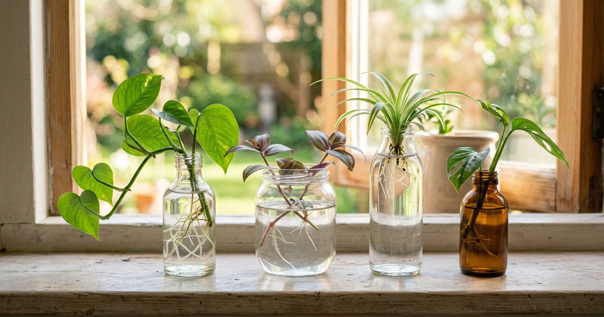 Cuatro tarros de cristal con esquejes de poto, cinta y tradescantia enraizando en agua, con las raíces a la vista, en el alféizar de una ventana luminosa