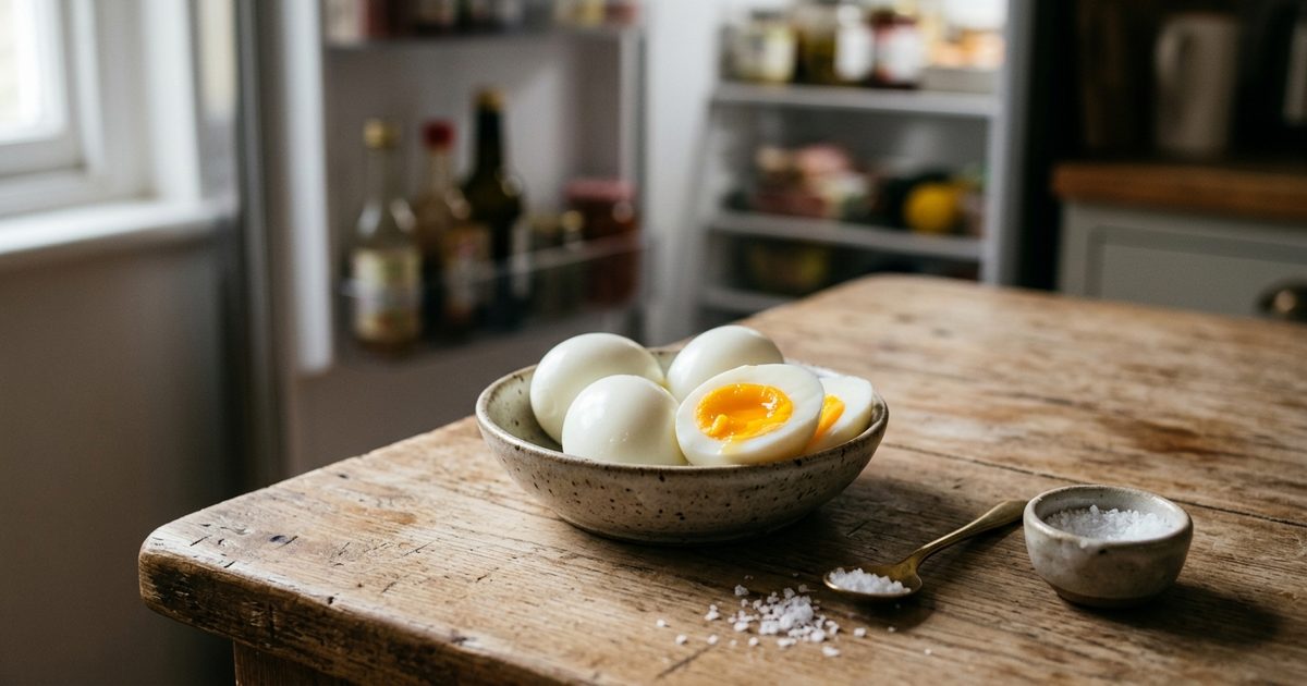 Cuenco de cerámica con huevos cocidos sobre una mesa de madera, uno partido por la mitad con la yema a la vista, y un poco de sal gorda al lado, con la nevera abierta al fondo
