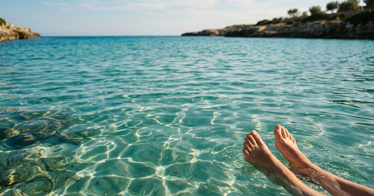 Agua turquesa y transparente de una cala mediterránea, con unos pies flotando en la superficie y la costa rocosa al fondo