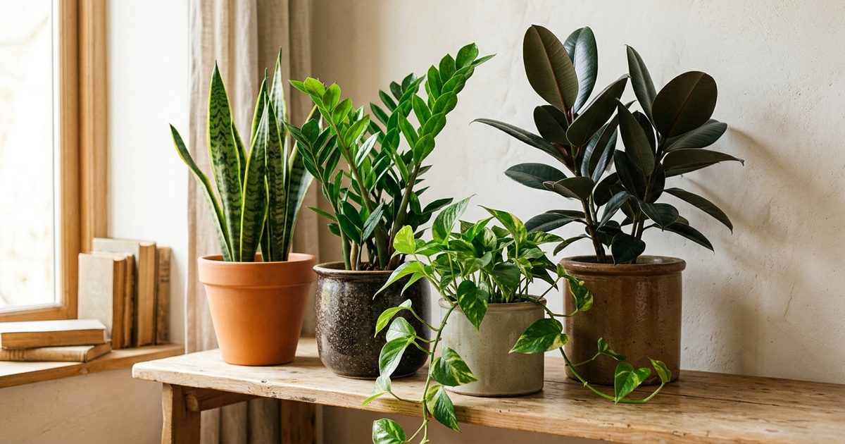 Four hardy houseplants on a wooden bench by a window: a snake plant, a ZZ plant, a pothos and a rubber plant