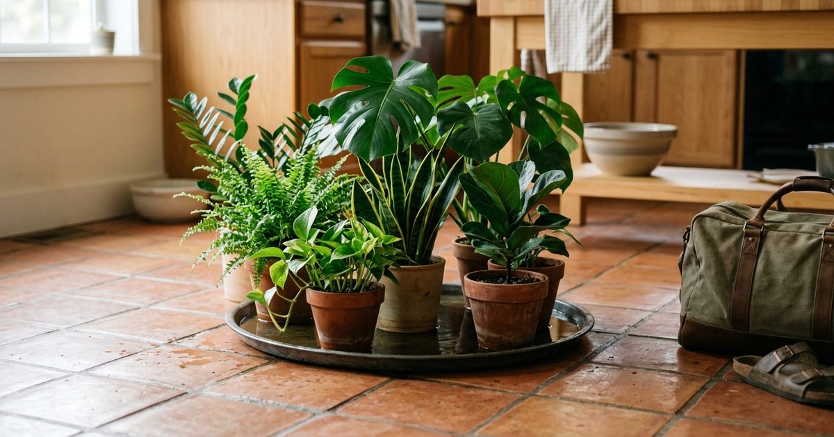 Varias plantas de interior agrupadas sobre una bandeja con agua en el suelo de la cocina, con una bolsa de viaje preparada al lado