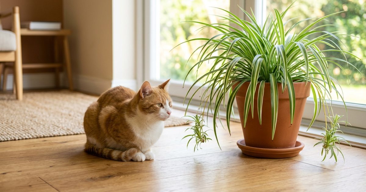 Un gato atigrado naranja tumbado en el suelo de madera junto a una cinta en maceta de barro, con la ventana al fondo