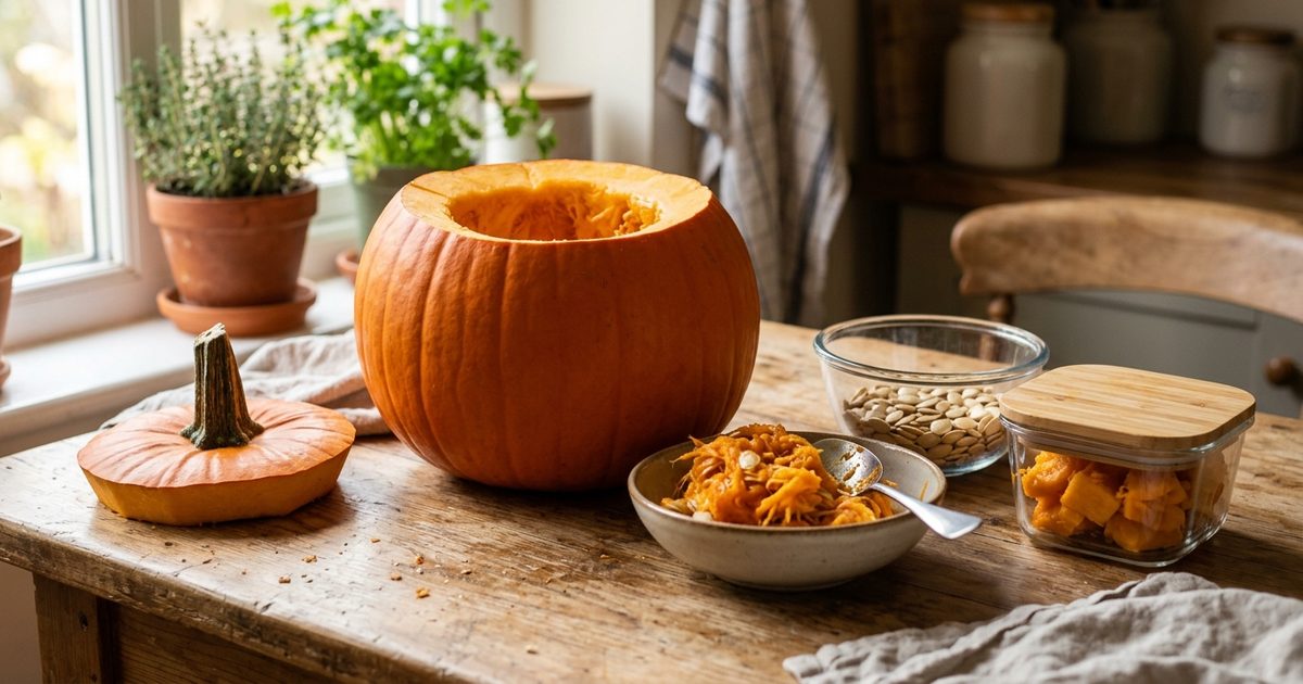 An orange pumpkin with its top cut off on a wooden kitchen table, with a bowl of cleaned seeds, another with the stringy insides and a glass container of pumpkin pieces