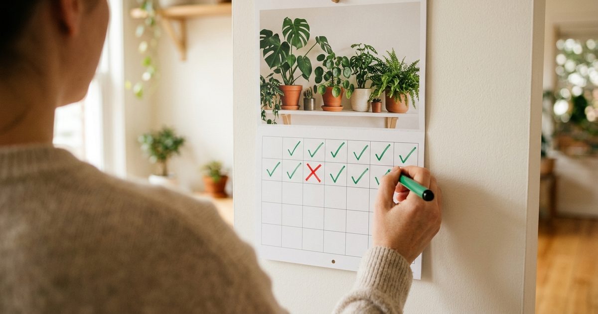 Una persona de espaldas marca con un rotulador verde un calendario de pared con foto de plantas, donde hay una hilera de visos verdes y una equis roja en un día suelto