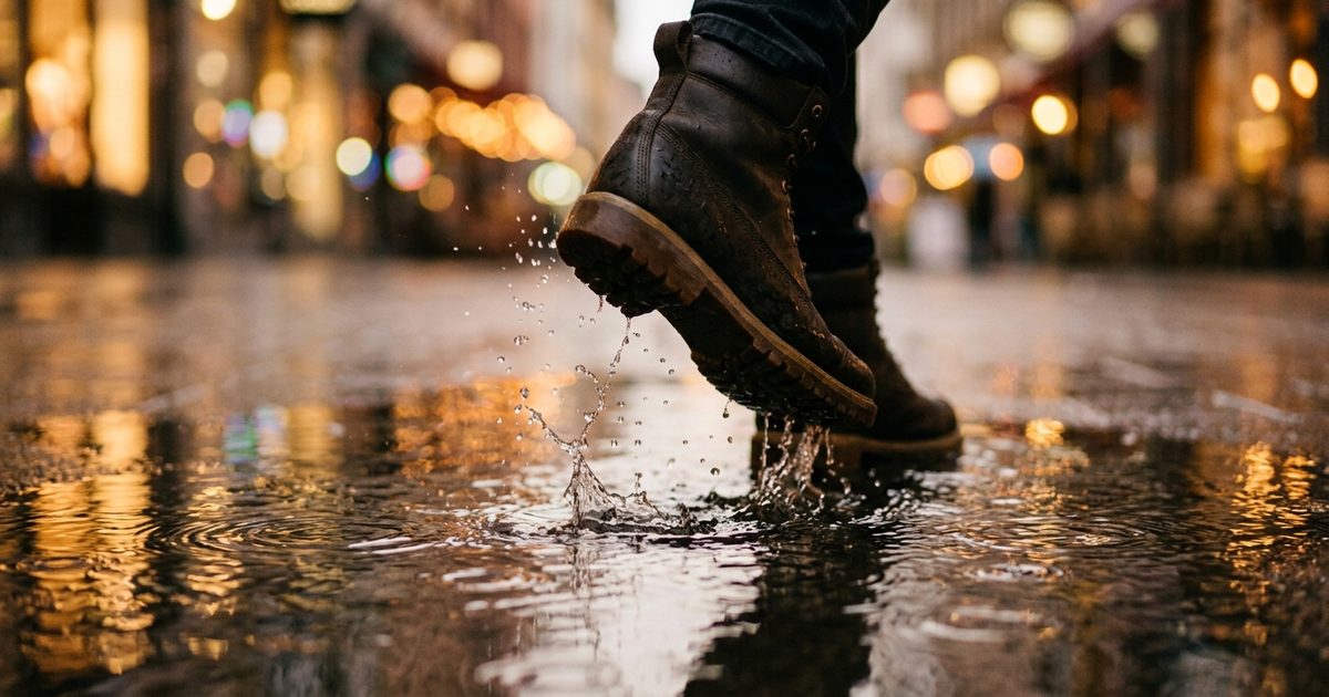 Una bota pisando un charco en una calle mojada de noche, con las luces cálidas de los comercios reflejadas en el asfalto