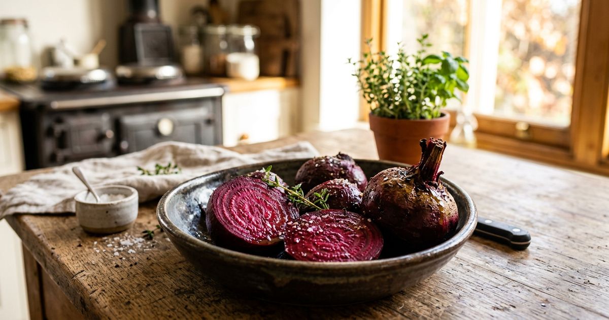 Remolachas asadas en un cuenco de barro sobre una mesa de madera, algunas partidas por la mitad, con la cocina y una ventana con luz al fondo