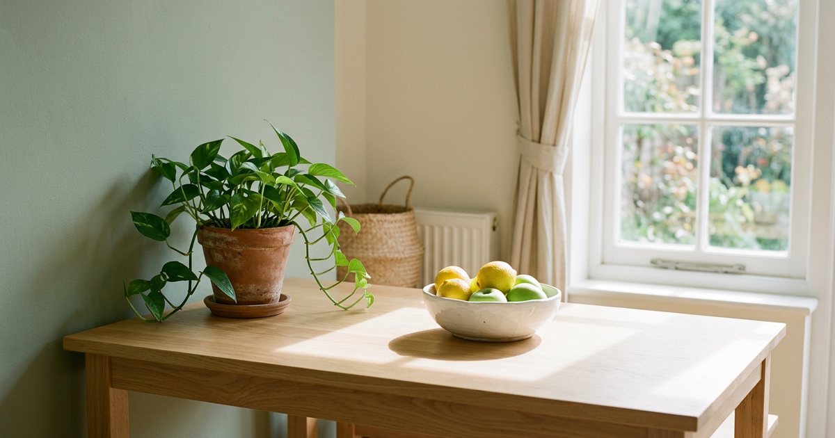 Mesa de madera despejada junto a una ventana, con un poto en maceta de barro y un bol de limones y manzanas